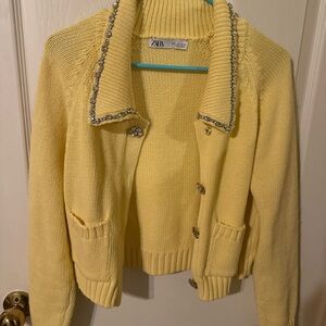 Zara Light Yellow Knit Cardigan with Crystal Trim